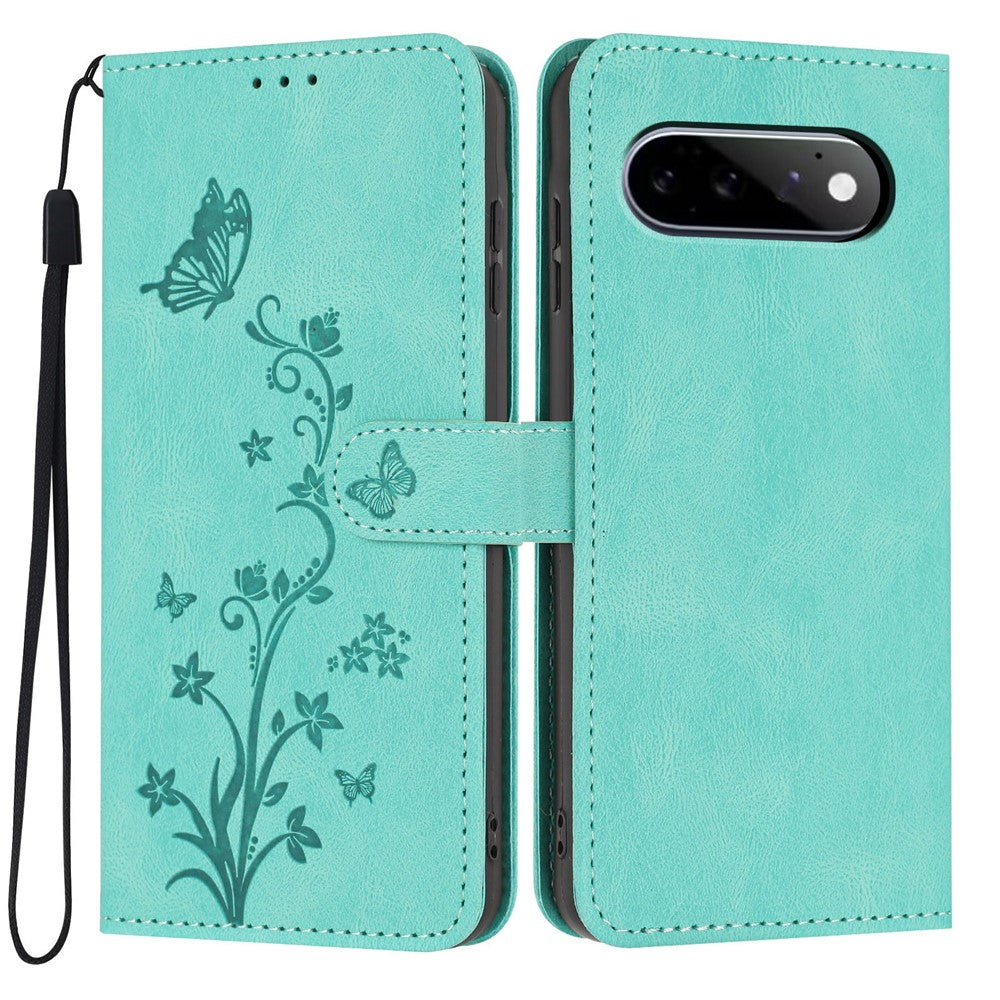 For Google Pixel 11 / Pixel 11 Pro Wallet Case Butterfly Flower Imprint PU Leather Phone Cover with Wrist Strap