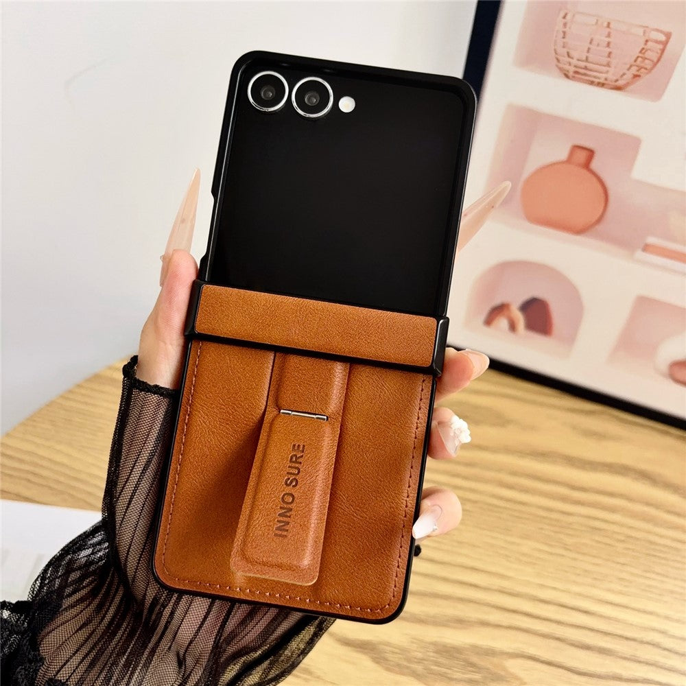 For Samsung Galaxy Z Flip8 Case with Invisible Kickstand Cowhide Texture Leather Coated PC+TPU Protective Cover