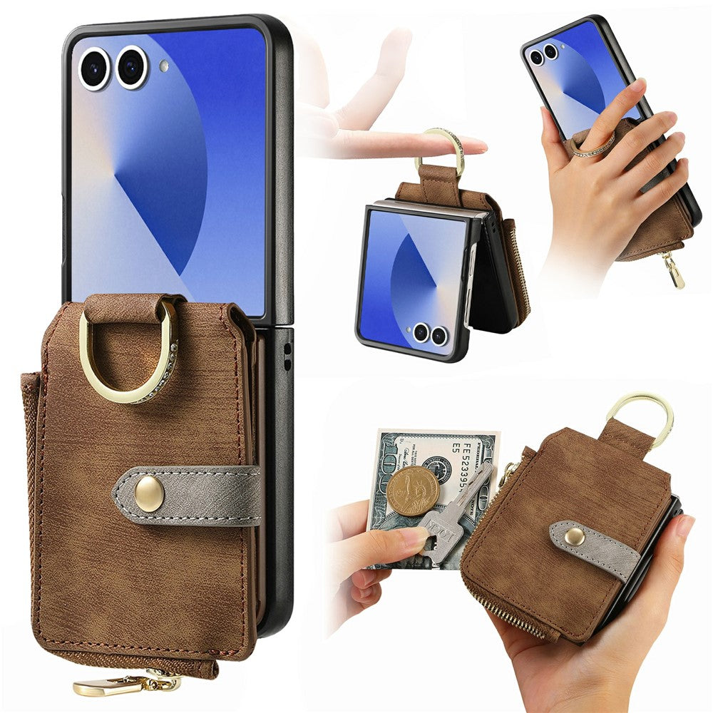For Samsung Galaxy Z Flip8 Case Zipper Pocket Card Holder Retro Texture Leather Back Cover