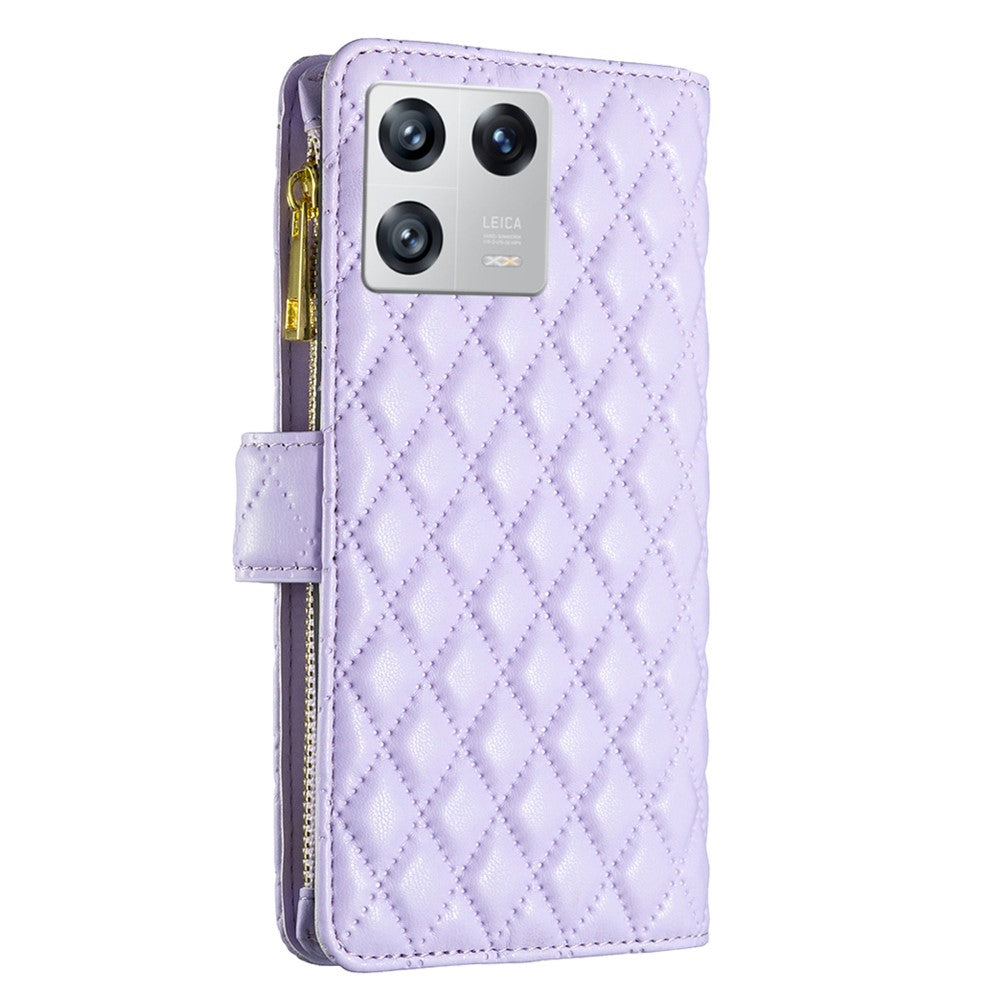 BINFEN COLOR BF Style-15 for Xiaomi 13 Imprinted Rhombus Pattern Zipper Pocket Case PU Leather Wallet Stand Phone Cover with Strap