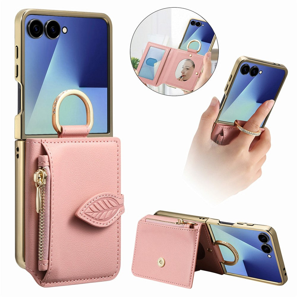 For Samsung Galaxy Z Flip8 Phone Case Card Holder Kickstand Leaf Buckle Leather Back Cover with Built-in Mirror