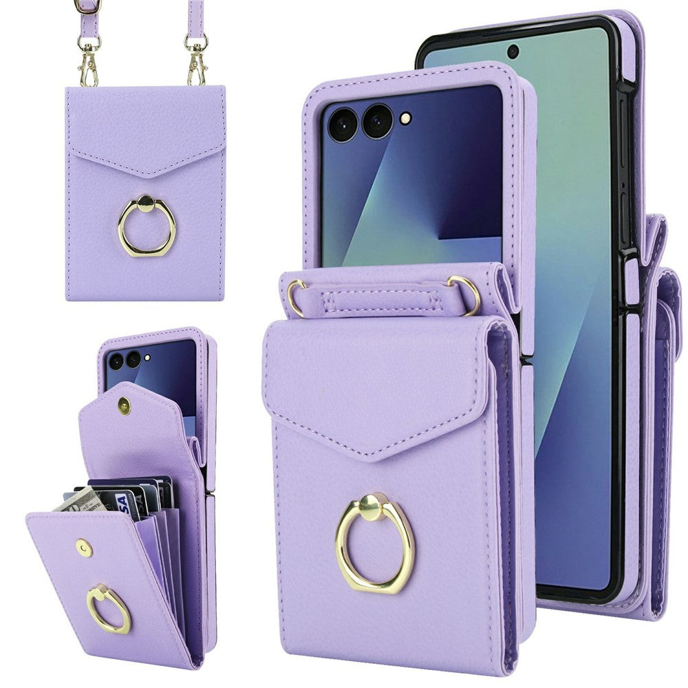 For Samsung Galaxy Z Flip8 Case Litchi Texture PU Leather + TPU Phone Cover with Shoulder Strap
