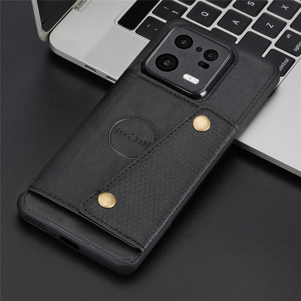 Dual Button Card Slots Case for Xiaomi 13 Pro 5G, Kickstand Car Mount Metal Sheet Anti-scratch Leather Coated TPU Back Cover