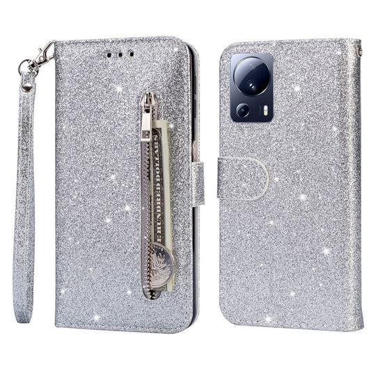 Xiaomi Civi 2 5G / Xiaomi 13 Lite Handyhülle – Civi 2 5G glitzernde Leder-Handy-Ständerhülle mit Reißverschluss, Brieftaschen