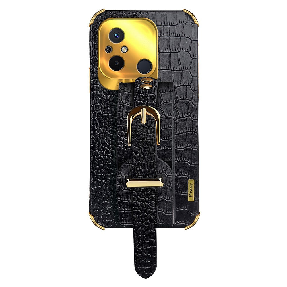 For Xiaomi Redmi 12C 4G Wristband Kickstand Phone Case Electroplating Crocodile Texture Leather Coated TPU Cover