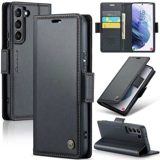 Galaxy S21 5G/4G Glänzende Wallet-Hülle – RFID-Schutz & Ständer