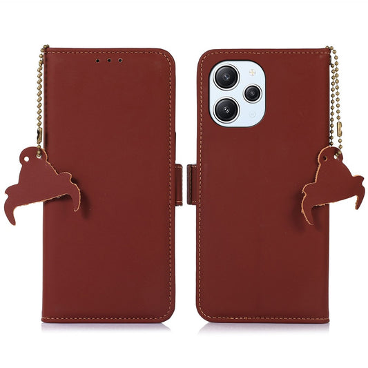 Stand Cover for Xiaomi Redmi 12 4G Genuine Cow Leather+TPU RFID Blocking Wallet Phone Case