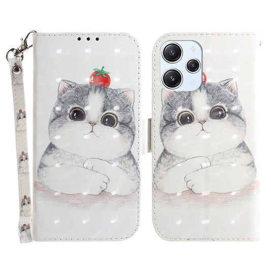 Wallet Phone Case for Xiaomi Redmi 12 4G , 3D Pattern Printed PU Leather Stand Cover with Strap