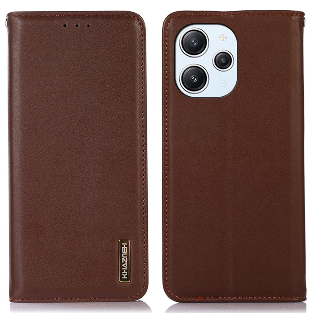 KHAZNEH For Xiaomi Redmi 12 4G Nappa Texture Genuine Cow Leather Wallet Case RFID Blocking Stand Cover