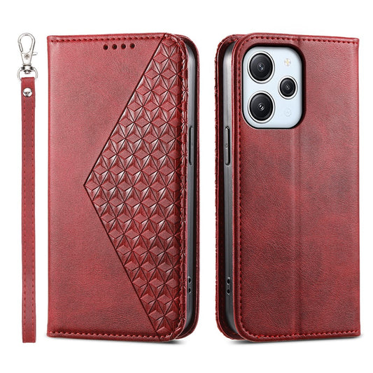For Xiaomi Redmi 12 4G Leather Phone Case Anti-fall Imprinted Rhombus Pattern Wallet Stand Cover
