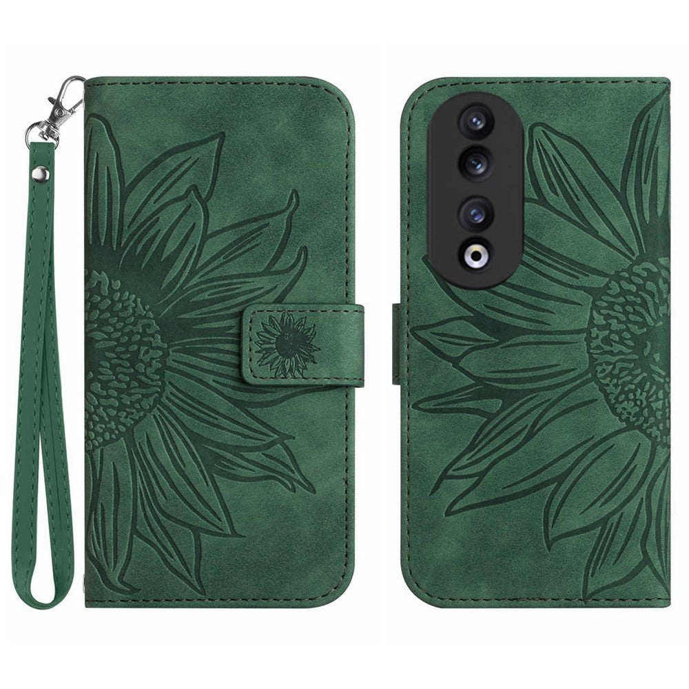 HT04 Sunflower Pattern Leather Case for Honor 90 , Wallet Stand Phone Cover with Hand Strap