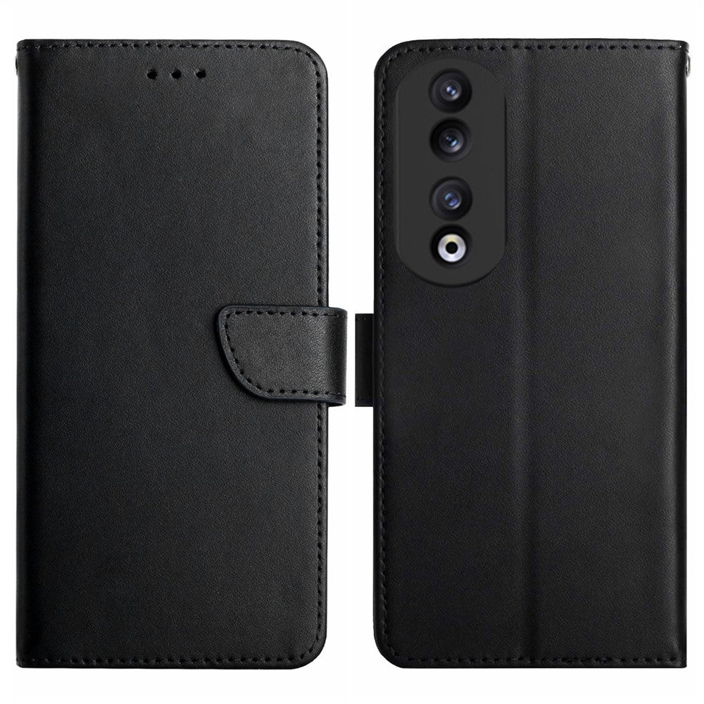 HT02 Genuine Cow Leather Phone Case for Honor 90 , Wallet Stand Nappa Texture Phone Cover