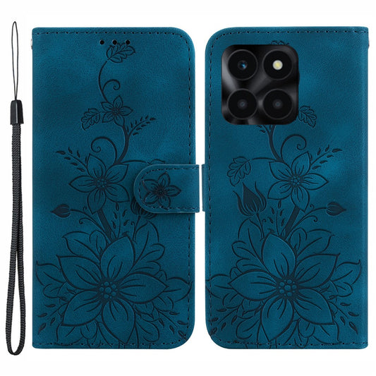 Honor X6a 4G Handyhülle – Ledertasche, Lilien-Blumenmuster, mit Ständer, Geldbörse
