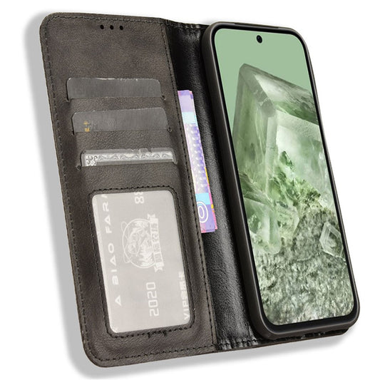 Pixel 8a Lederhülle – Mit Brieftaschenfunktion, Ständer & Retro-Textur