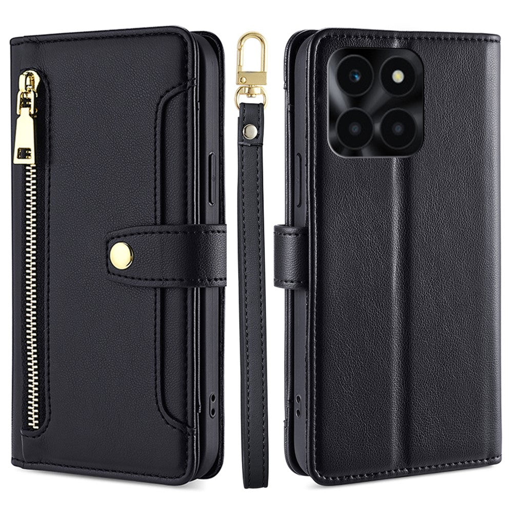 For Honor X6a 4G Case Zipper Wallet Leather Phone Stand Cover with Long and Short Strap