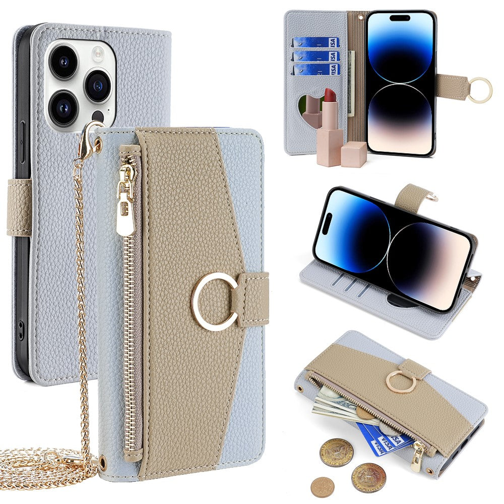 iPhone 14 Pro Wallet-Hülle – Litschi-Textur, mit Spiegel & Kettenschultergurt