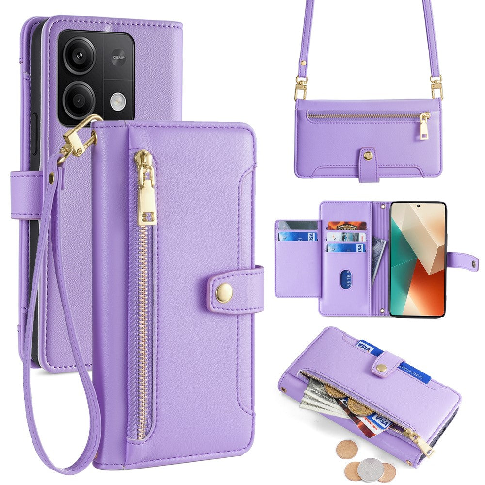 For Xiaomi Redmi Note 13 5G Crossbody Phone Case Zipper Pocket PU Leather Cover