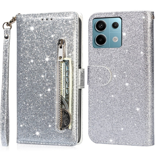 Xiaomi Redmi Note 13 5G Handyhülle – mit Ständer, Glitzer-Handy-Leder-Abdeckung, Reißverschlusstasche