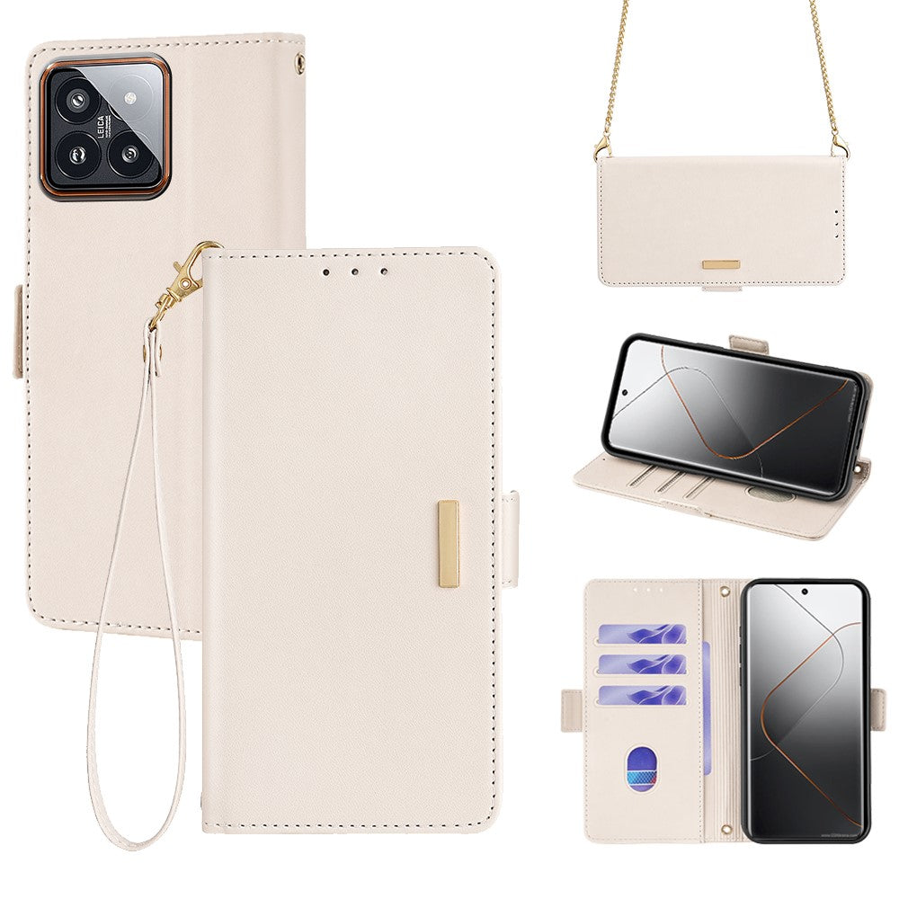 For Xiaomi 14 Pro Case with Golden Chain Shoulder Strap RFID Blocking Leather Phone Cover