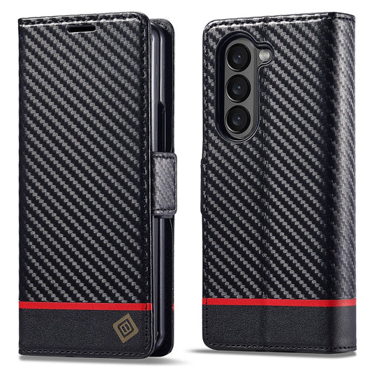 Galaxy Z Fold6 5G – Wallet-Handyhülle aus PU-Leder und TPU, mit Ständer, in Carbonfaser-Optik