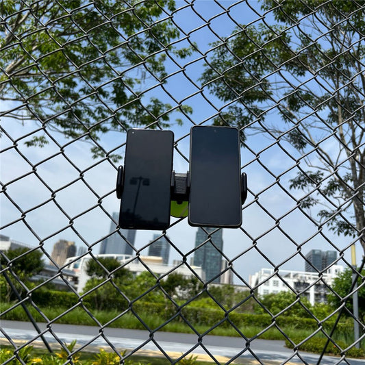 Outdoor-Handyhalterung – WQ-04 Dual-Phone Stand Fence Mount WQ-04 Dual-Phone-Ständer, Zaunhalterung für Sportplätze, Tennis, Stadion, Drahtgeflecht, universeller Telefonklemmenhalter