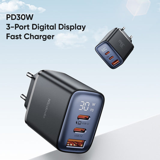 MCDODO CH-2180 Wandladegerät – 3 Ports (2x C & 1x A) & Digitalanzeige, bis zu 30W