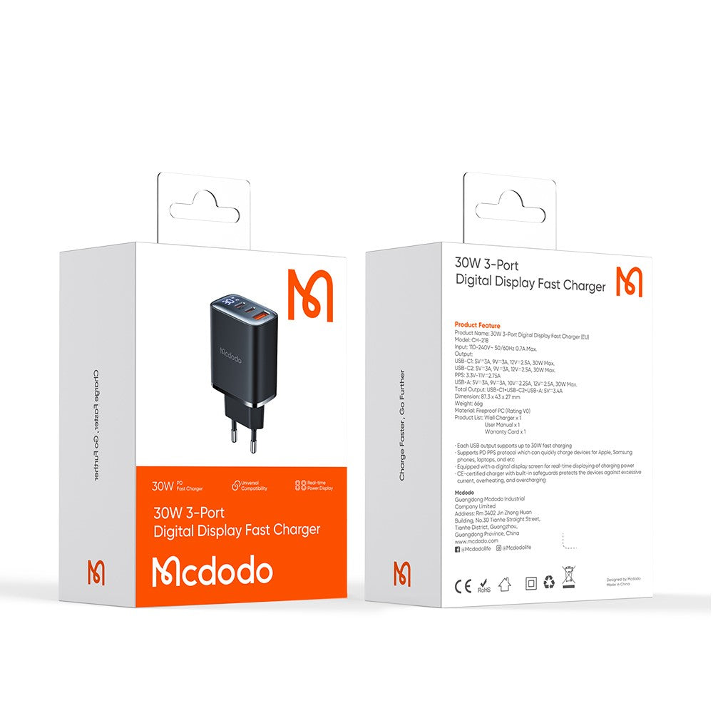 MCDODO CH-2180 Wandladegerät – 3 Ports (2x C & 1x A) & Digitalanzeige, bis zu 30W