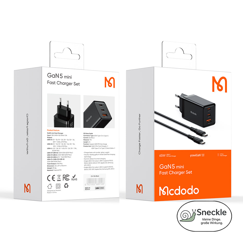 65W GaN Schnellladegerät – 3 Ports (2×USB-C, 1×USB-A)