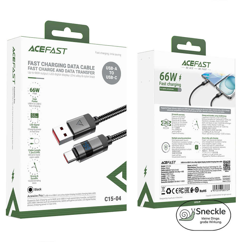 ACEFAST C15-04 C auf A Schnellladekabel – Bis 3A, 1,2m, geflochten, Digitalanzeige & Daten bis 480 Mb/s