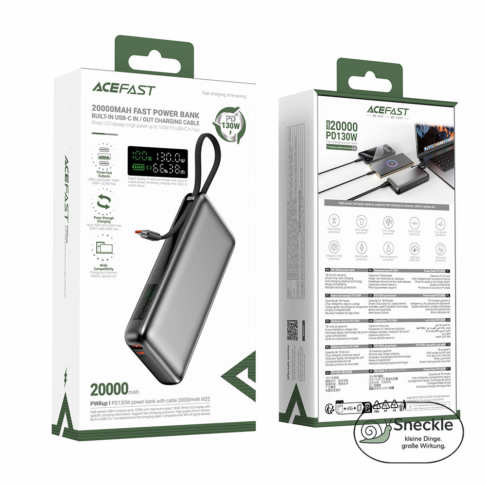 Powerbank 20000mAh mit integriertem USB-C-Kabel – 130W Schnellladefunktion