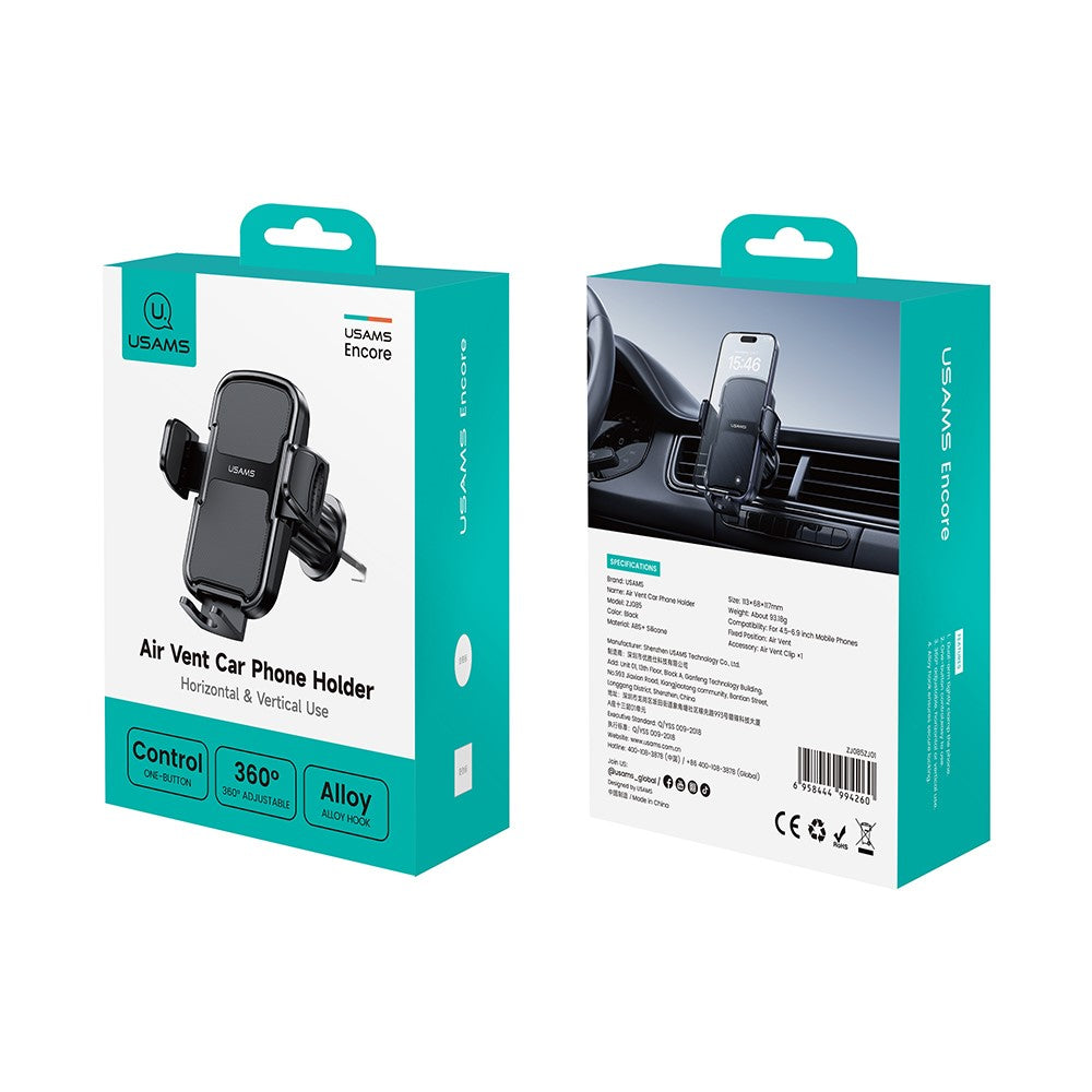 USAMS ZJ085 Air Vent Car Phone Holder One Touch Lock Release Rotating Phone Mount with Alloy Hook