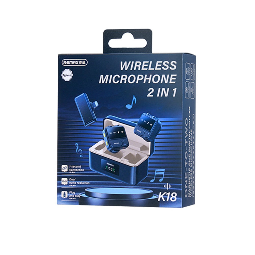 REMAX K18 Drahtloses Lavalier-Mikrofon-Set – Mit Magnetclip & Digitalanzeige, 1-zu-2-Mikrofon