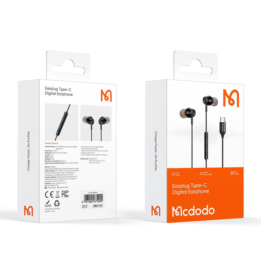 MCDODO HP-3490 In-Ear Kopfhörer – HiFi-Stereo-Headset, mit USB-C-Anschluss, Mikrofon & Lautstärkeregelung
