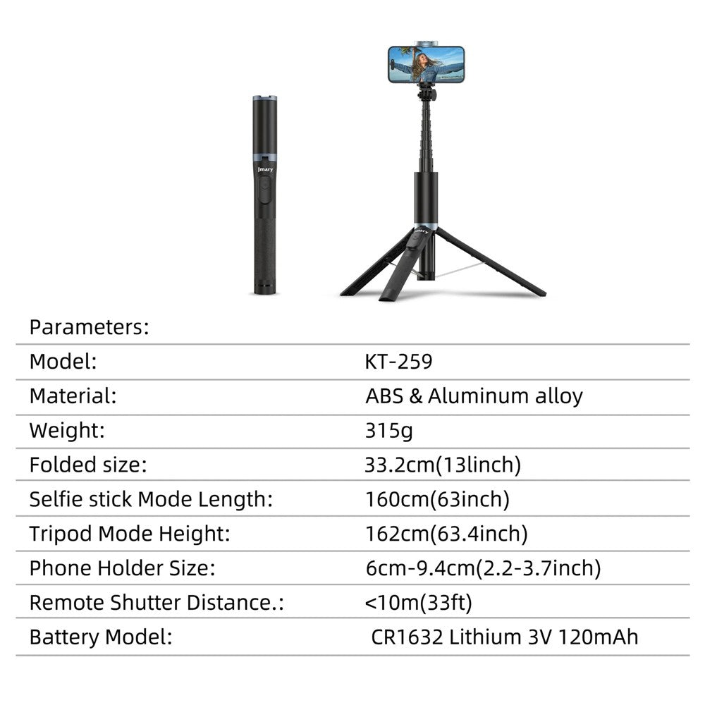 JAMRY kt-259 Selfie-Stick mit Stativfunktion – 8-teilig, ausziehbar, mit 360° drehbarer Handyhalterung
