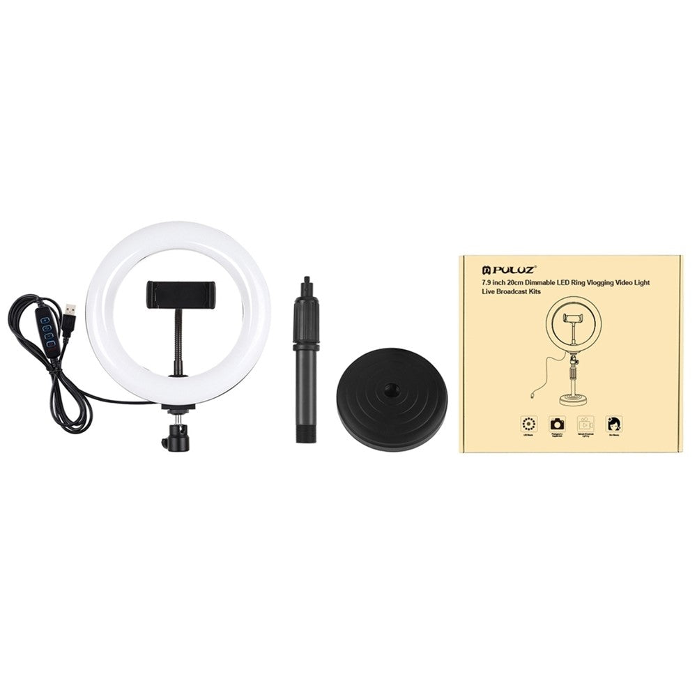 PULUZ PKT3078B LED-Ringleuchte mit Tischhalterung – 7,9-Zoll, dimmbar, mit USB-Anschluss & 2 Farbtemperaturen, inklusive Handyhalterung