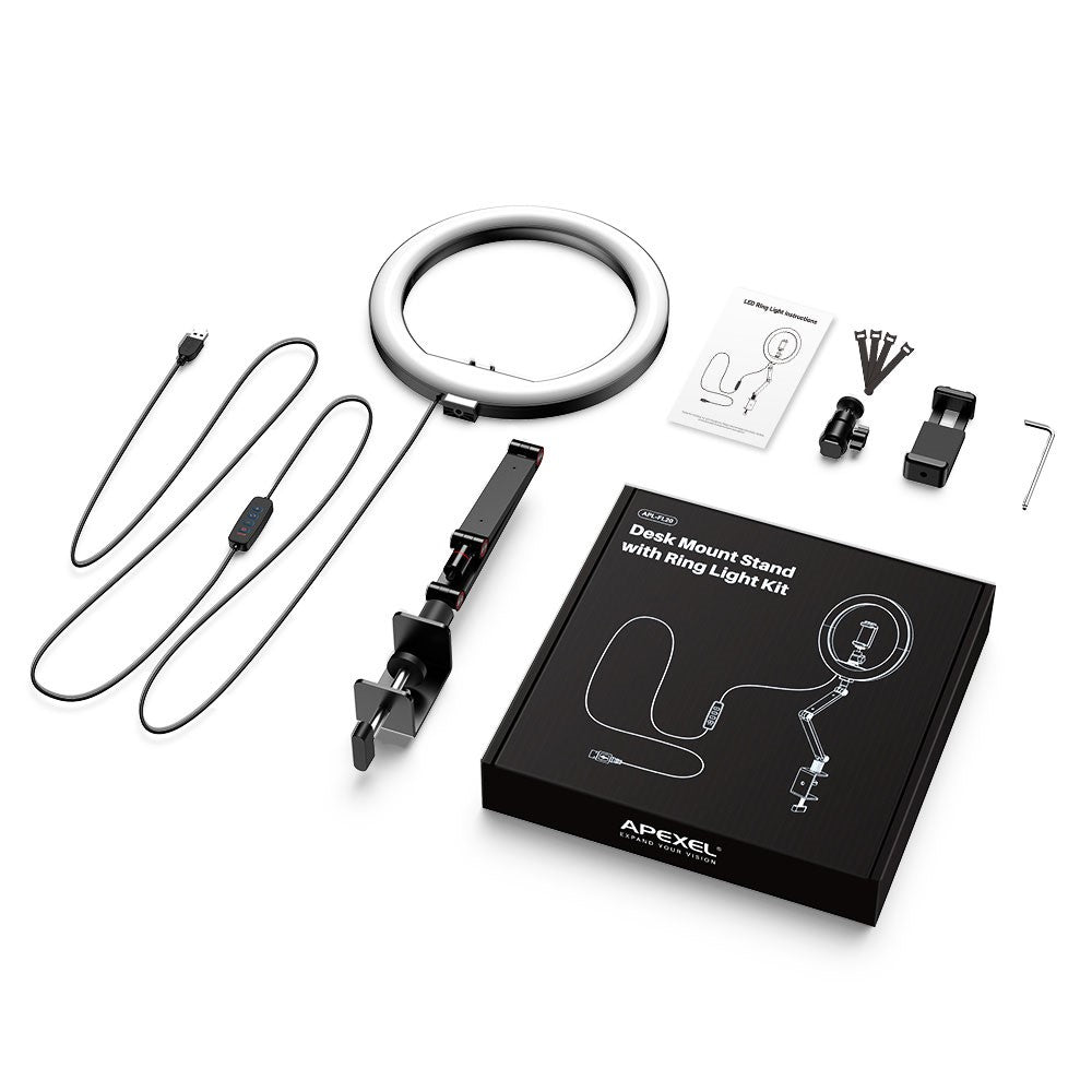 APEXEL APL-FL20 Ringlicht – 10-Zoll, USB, mit verstellbarem Winkel, 3 Farbmodi, inklusive Stativ & Handyhalterung
