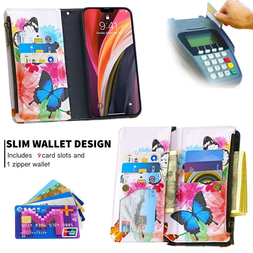 iPhone 12/12 Pro Handyhülle mit Reißverschluss-Tasche & Muster