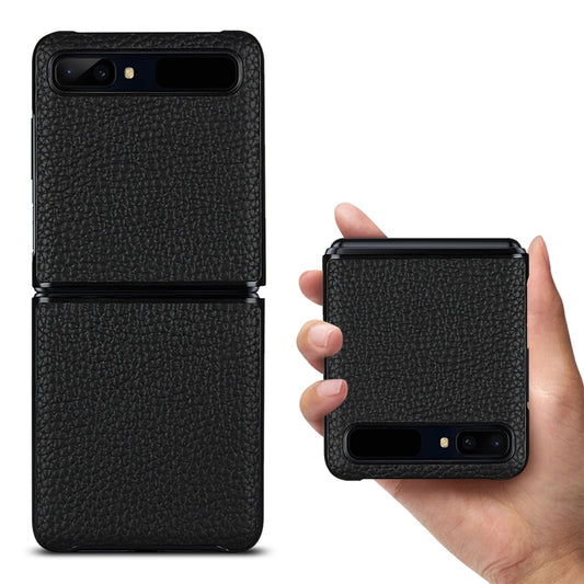 Galaxy Z Flip1 Echtleder-Hülle mit Litchi-Struktur – Stoßfest
