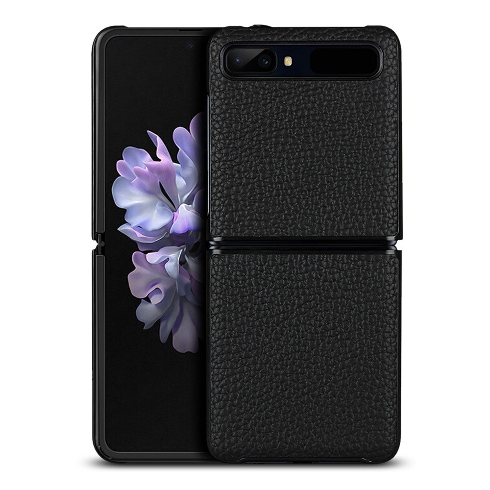 Galaxy Z Flip1 Echtleder-Hülle mit Litchi-Struktur – Stoßfest