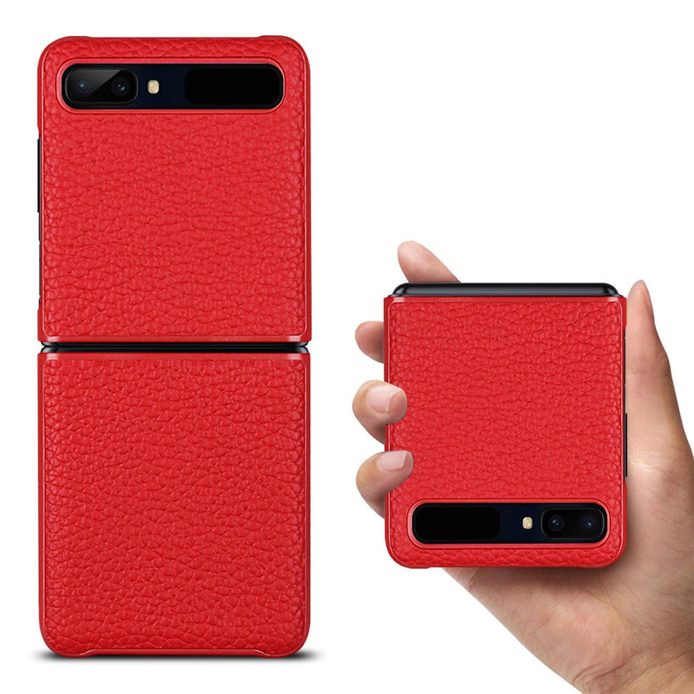 Galaxy Z Flip1 Echtleder-Hülle mit Litchi-Struktur – Stoßfest