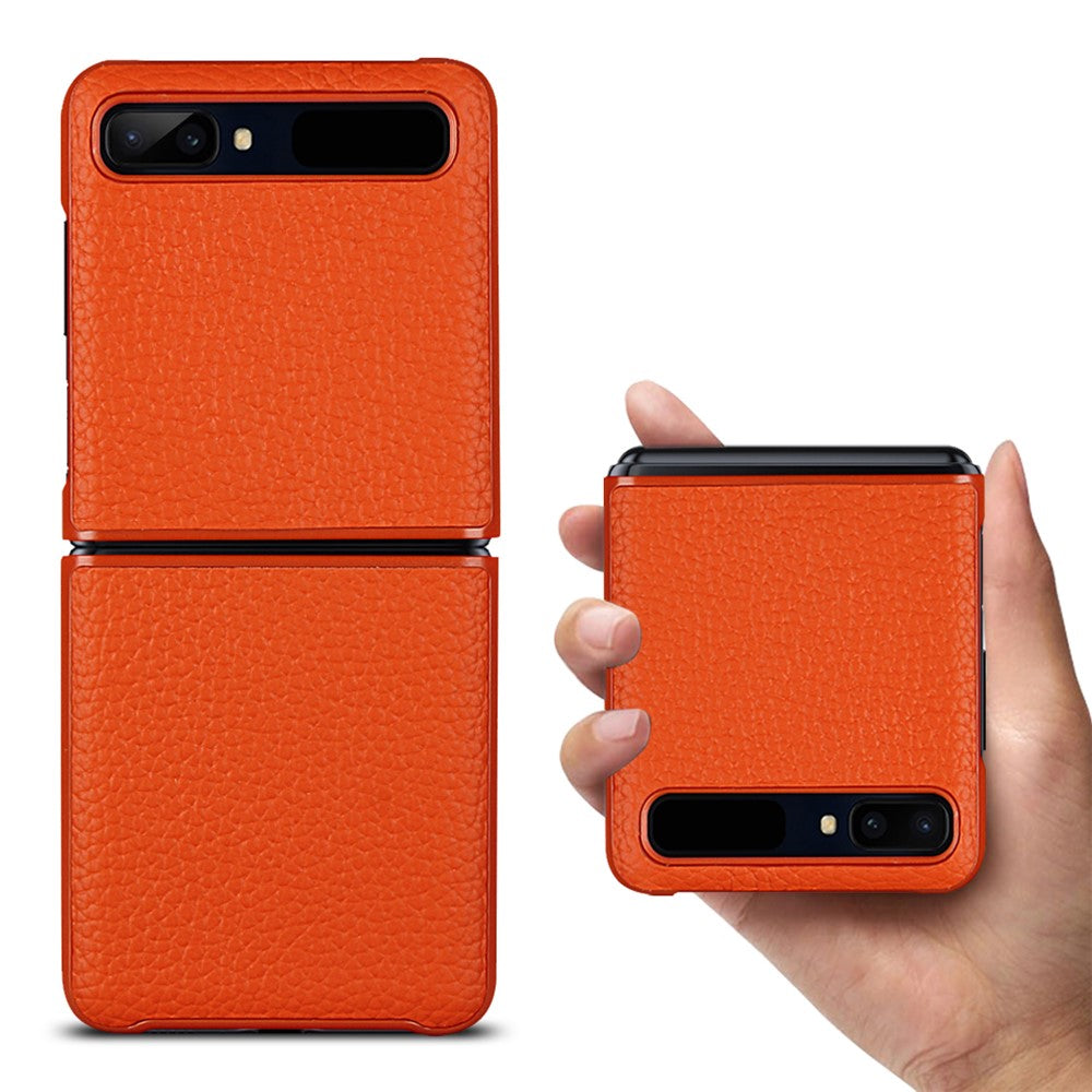 Galaxy Z Flip1 Echtleder-Hülle mit Litchi-Struktur – Stoßfest