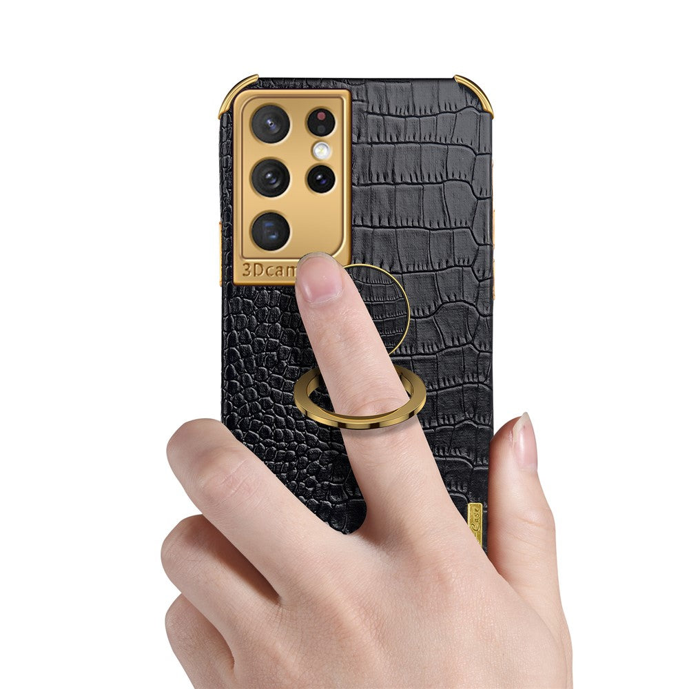 Galaxy S21 Ultra 5G Handyhülle – in Krokodil-Optik, veredeltem Rahmen & Ständer