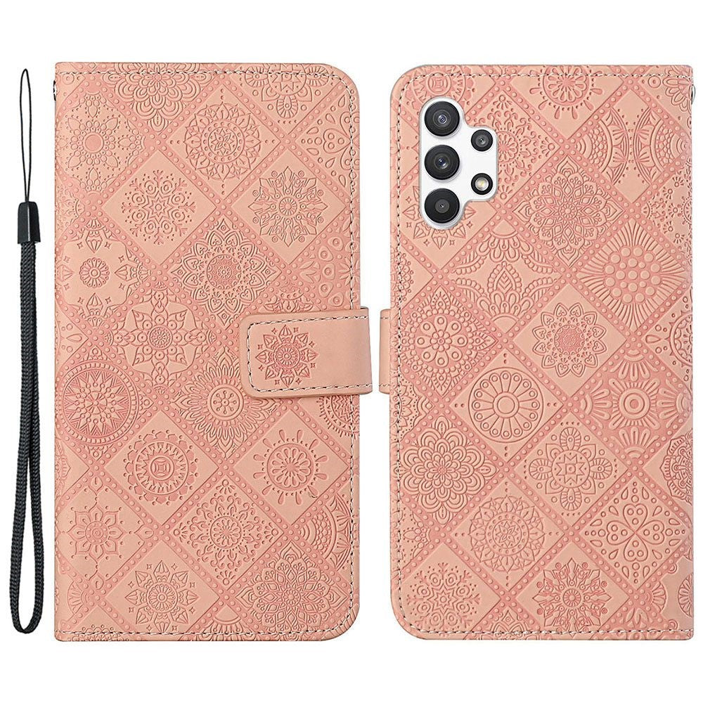 Galaxy A13 4G Leder-Wallet-Hülle – Blumenprägung – Mit Ständer & Riemen