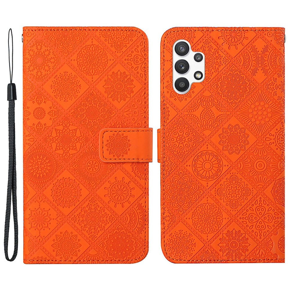 Galaxy A13 4G Leder-Wallet-Hülle – Blumenprägung – Mit Ständer & Riemen