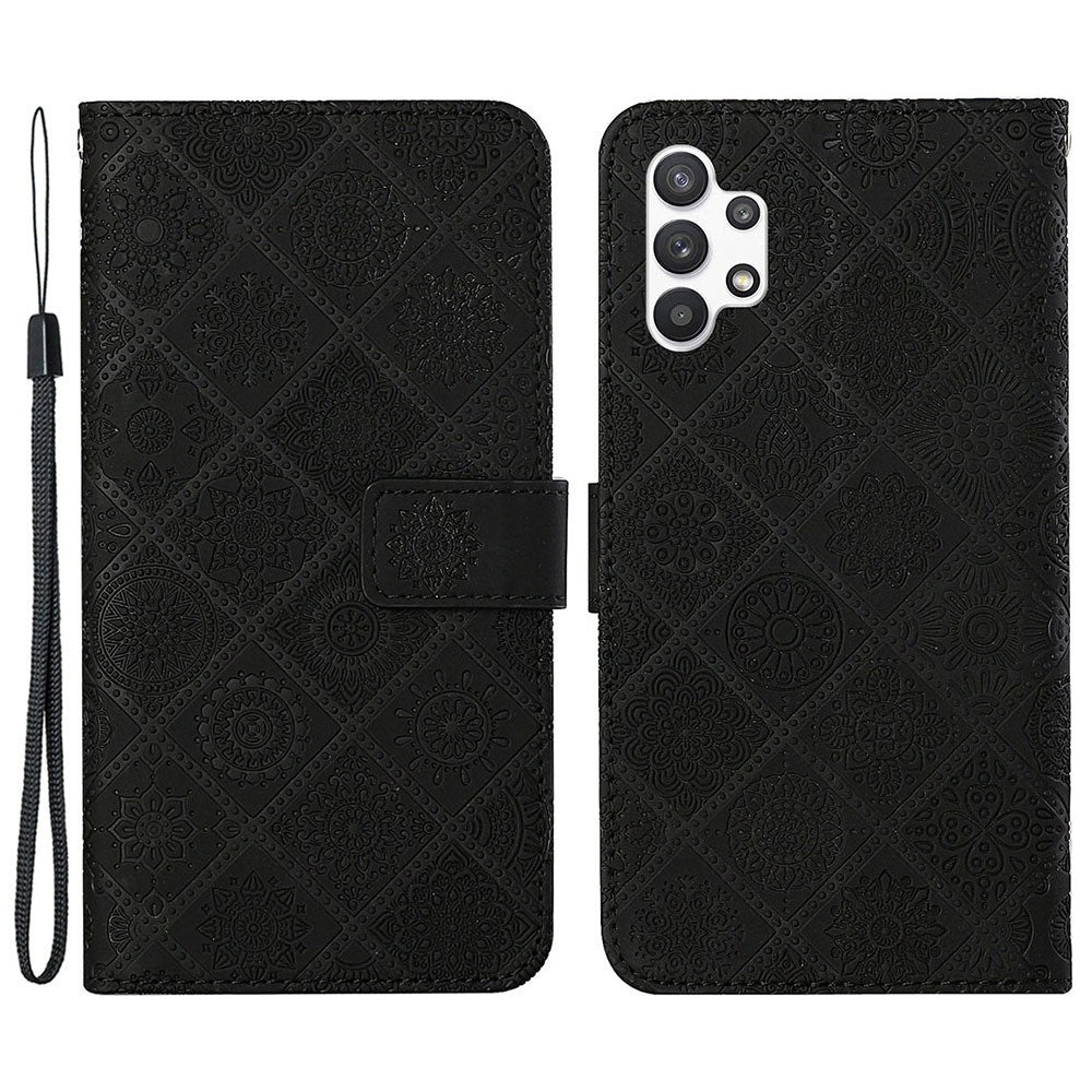 Galaxy A13 4G Leder-Wallet-Hülle – Blumenprägung – Mit Ständer & Riemen