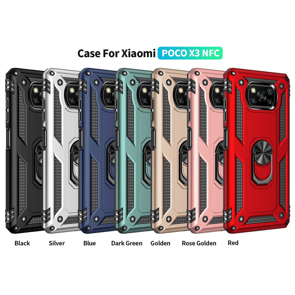 PC + TPU Hybrid Anti-fall Phone Case Protective Cover with Ring Kickstand for Xiaomi Poco X3 NFC