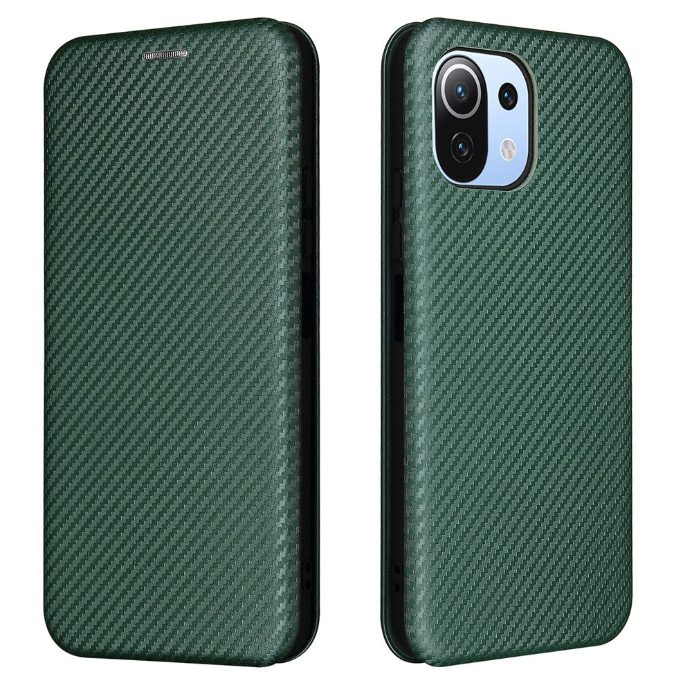 For Xiaomi Mi 11 Lite 4G/5G / 11 Lite 5G NE Carbon Fiber Texture Magnetic Auto-absorbed Leather Stand Phone Shell Case with Card Slot