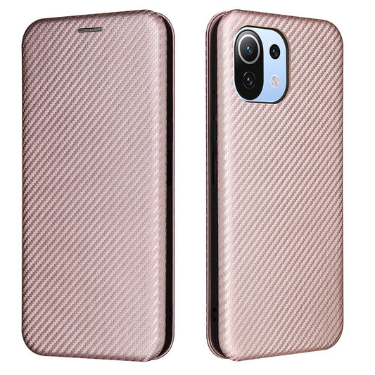 For Xiaomi Mi 11 Lite 4G/5G / 11 Lite 5G NE Carbon Fiber Texture Magnetic Auto-absorbed Leather Stand Phone Shell Case with Card Slot