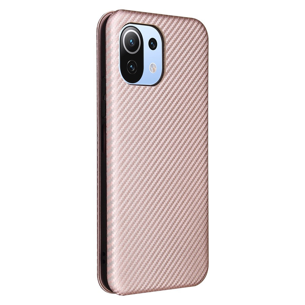 For Xiaomi Mi 11 Lite 4G/5G / 11 Lite 5G NE Carbon Fiber Texture Magnetic Auto-absorbed Leather Stand Phone Shell Case with Card Slot