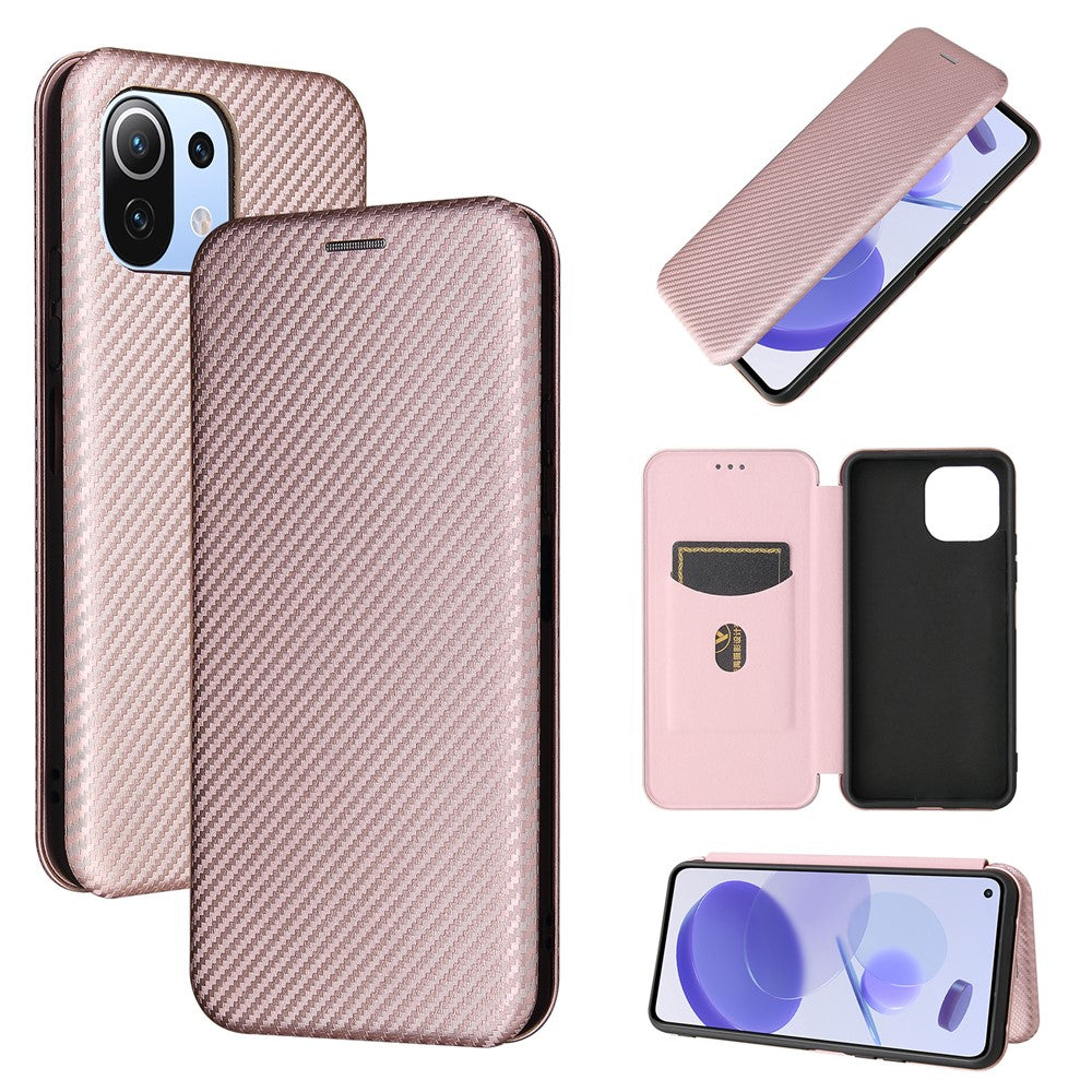For Xiaomi Mi 11 Lite 4G/5G / 11 Lite 5G NE Carbon Fiber Texture Magnetic Auto-absorbed Leather Stand Phone Shell Case with Card Slot